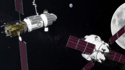 Konstnärens tolkning av Gateway-stationen i omloppsbana runt månen.