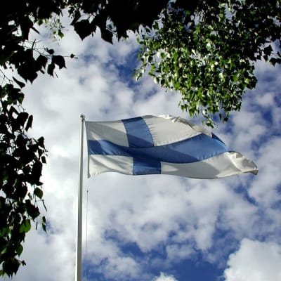 Suomen lippu liehuu taivasta vasten.