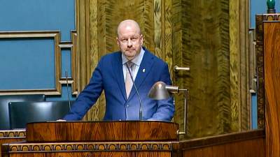 Riksdagledamot Timo Vornanen tittar in i kameran, stående i risdagens talarbås.