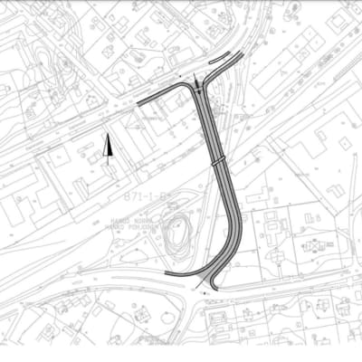 Trafikledsverkets karta över hur Appelgrensvägen i Hangö kunde ledas på annat sätt så trafiken över järnvägen blir säkrare.