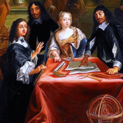 Målning som förestäåller drottning Kristina och filosof Descartes samtala vid ett bord.