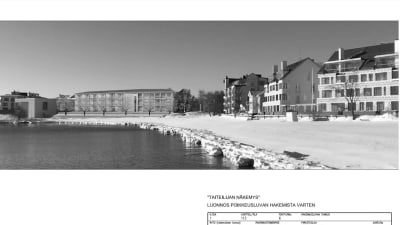Ritning med hotellbygge och promenadstråk.