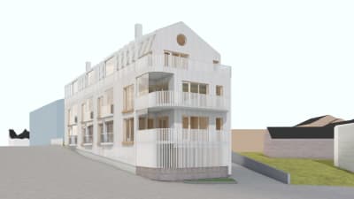 En skiss på ett hus som planeras på Torngatan 1 i Hangö. Tre våningar med balkonger.