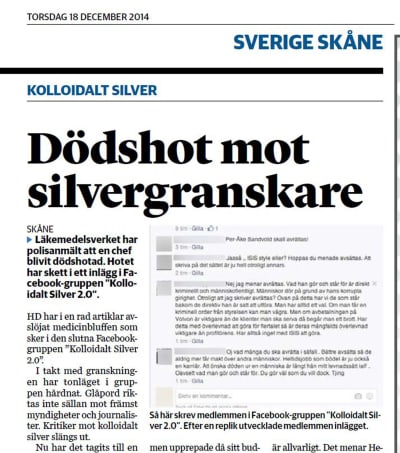 Helsingborgs Dagblad rapporterar om dödshotet mot Per-Åke Sandvold i december 2014. 