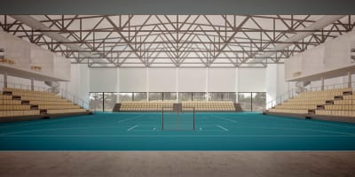 Arkitektskiss över idrottshall.