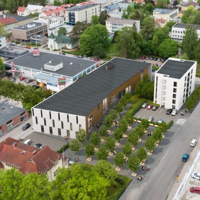 Flygfoto över Karis centrum där det planerade Fokus kulturhus syns.