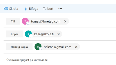 Skärmdump från Hotmail. De andra mottagarna ser inte Helenas e-postadress.