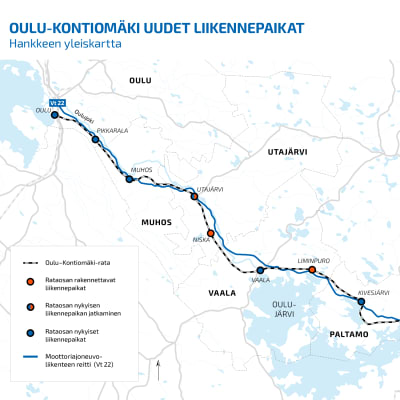 Havainnekartta Oulun ja Kontiomäen välisen rataosuuden uusista liikennepaikoista