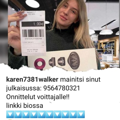 Käyttäjiä on tägätty, eli merkitty kuvaan, jossa nainen pitelee Dysonin hiustenkuivaajapakettia ja näyttää kuittia, jossa lukee 1,99 euroa.