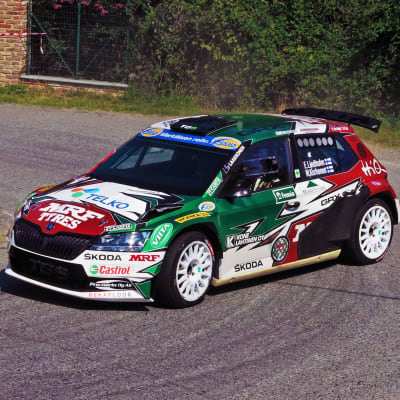 En rallybil susar fram i en brant kurva.