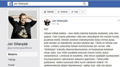 Skärmdump från Jari Sillanpääs uppdatering på Facebook. 