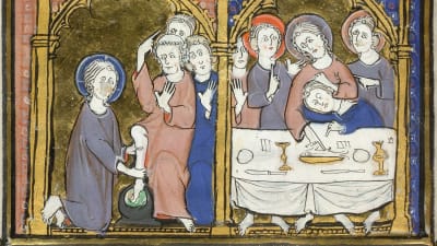 D Detail of the lower section of the miniature, with scenes of Jesus washing the feet of his disciples, and the Last Supper. Image taken from f. 17v of Psalter and Hours, Use of Arras. Written in Latin, with some French.