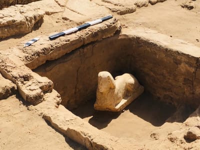 En liten sfinx grävdes fram under utgrävningsarbeten vid den östra sidan av templet Dendara i Qena, Egypten. 