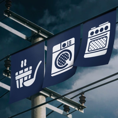 Grafik som visar en elstolpe med ikoner för bastu, tvättmaskin och ugn på