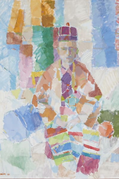 Färggrann mosaikartad målning av en sittande människa.