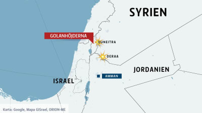 Karta över Syrien, Israel och Jordanien.