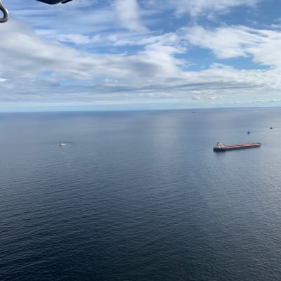 En helikopterbild på ett lastfartyg i havet.