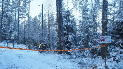 En snöig skog. En maskin avverkar träd. I förgrunden en varningsskylt (tillträde förjudet) och ett randigt plastband.