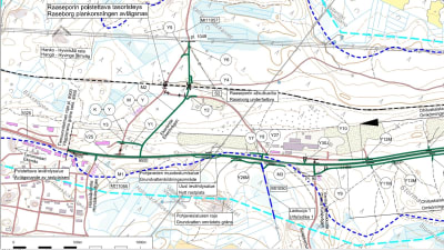Karta över nya planerade vägar mellan Horsbäck och Åsenby vid riksväg 25 mellan Ekenäs och Karis.