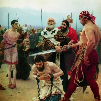 S:t Nikolaus räddar en oskyldig man från döden på målning av Ilja Repin.