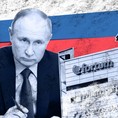 En kolagebild med Putin, Rysslands flagga och en Fortumlogo.