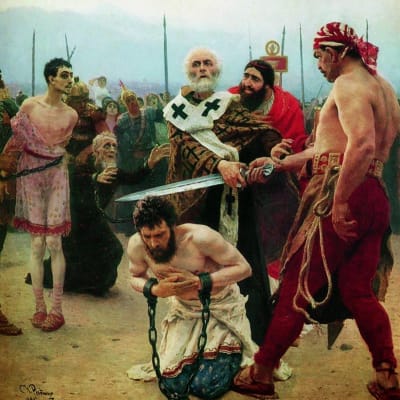 S:t Nikolaus räddar en oskyldig man från döden på målning av Ilja Repin.