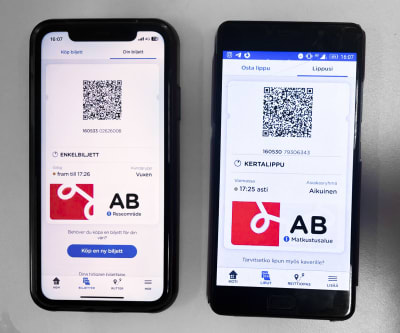 Två telefoner med HRTs mobilbiljetter.