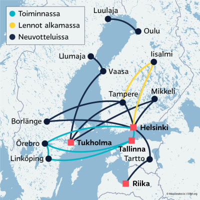Grafiikka näyttää Lygg-alustan tarjoamat reitit: toiminnassa on reittejä Helsingin, Örebron, Linköpingin ja Tallinnan välillä. Alkamassa on lentoja Tampereen, Iisalmen ja Helsingin välillä. Neuvotteluissa on lentoja Oulun ja Luulajan välillä, Uumajan, Vaasan, Tukholman, Tampereen, Borlängen, Helsingin, Mikkkelin, Tarton ja Riikan välillä.