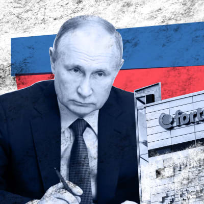 En kolagebild med Putin, Rysslands flagga och en Fortumlogo.