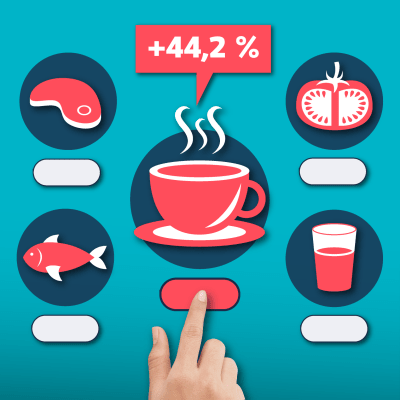 Kuvitus, jossa käsi valitsee kahvin inflaatiokoneesta. Kahvin hinta nousi huhtikuussa 44,2 prosenttia edellisestä vuodesta.