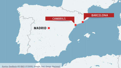 Karta över Spanien med Barcelona och Cambrils.