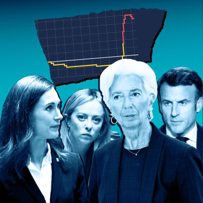 Kuvakollaasi, jossa näkyy Suomen pääministeri Sanna Marin, Italian pääministeri Giorgia Meloni, Euroopan keskuspankin pääjohtaja Christine Lagarde ja Ranskan presidentti Emmanuel Macron taustallaan Euroopan keskupankin korkoa kuvaava käyrä.