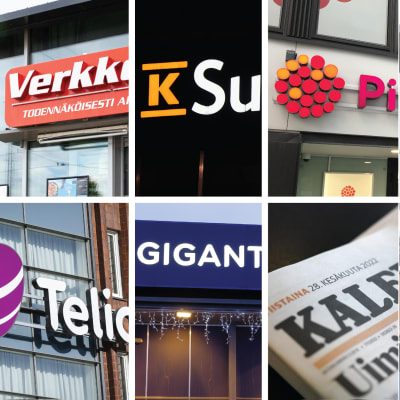 Kuuden kuvan yhdistelmä, jossa näkyy Verkkokauppa.comin, K-supermarketin, Pihlajalinnan, Telian, Gigantin ja Kalevan logot.