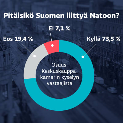 Grafiikka näyttää Keskuskauppakamarin talouskyselyyn vastanneiden näkemyksen siitä, pitäisikö Suomen liittyä Natoon. 73,5 % vastaajista kannatta jäsenyyttä, 19,4 % ei osaa sanoa ja 7,1 % ei kannata jäsenyyttä.