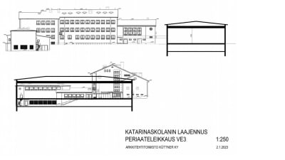 Ritning över en skolas fasader, svartvit bild där byggnaderna ses från två olika håll.