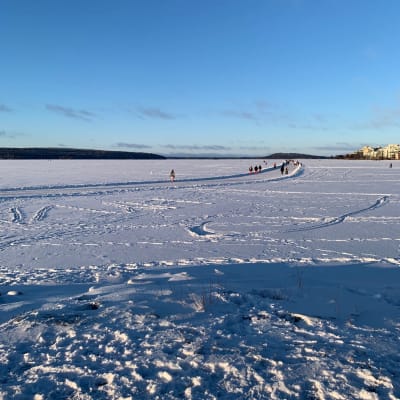 Luminen järven jää, jolle on aurattu rata. Kaukana radalla näkyy siellä kulkevia ihmisiä. Taustalla sininen taivas ja muutama kerrostalo.