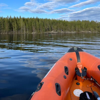 Kuopion järvipelastajien aluksen keula tyynellä järvellä.