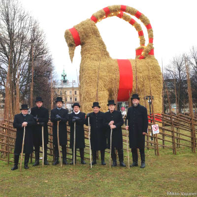 Sju herrar i cylinderhatt och svarta kappor står framför Gävles jättelika halmbock.