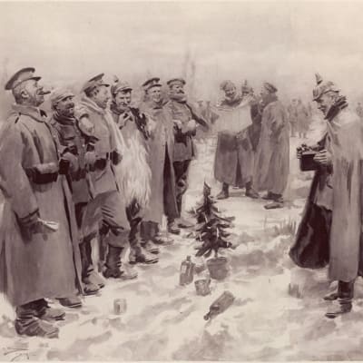 Tidningsillustration av soldater som möts och firar jul.