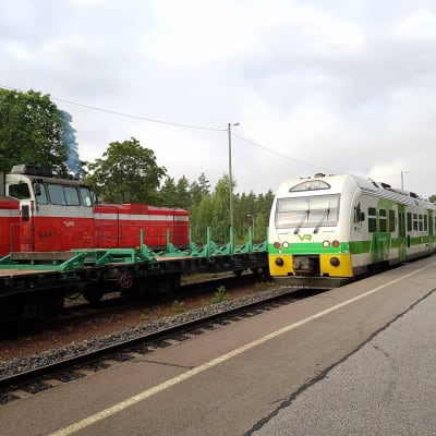 Olika tåg vid en järnvägsstation.
