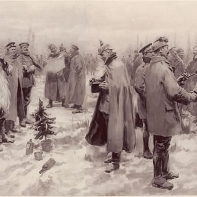 Tidningsillustration av soldater som möts och firar jul.