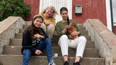 Bild av tre kvinnor som sitter på trappan till ett rött trähus. En av kvinnorna har en höna i famnen. 