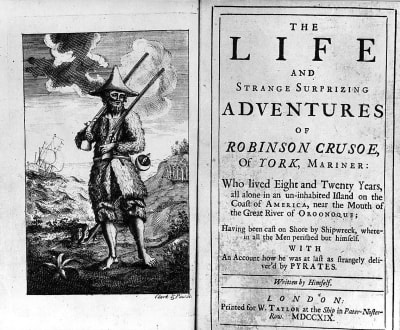 Första upplagan av Daniel Defoes bok "Robinson Crusoe" från år 1719.