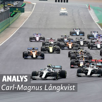 Formel 1-bilar startar. Text på bilden: Analys: Carl-Magnus Långkvist.