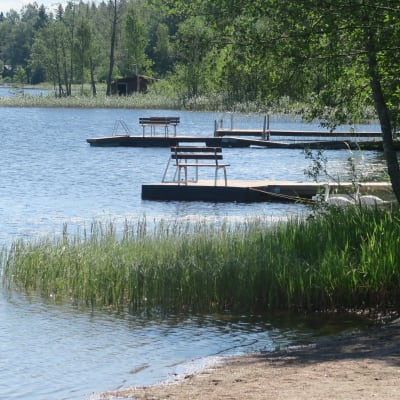 Kesäinen järvi kylpee auringonpaisteessa. Etualalla hiekkaa ja kaislikkoa. Taustalla laitureita.