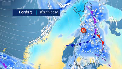 Karta över Finland med vädersymboler för snöfall och regn.