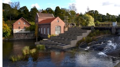 Ett bildmontage som visar hur fisktrappan i Svartån i Billnäs kan se ut. Stor betongkonstruktion mitt i forsen. På stranden gamla rödtegelbyggnader.