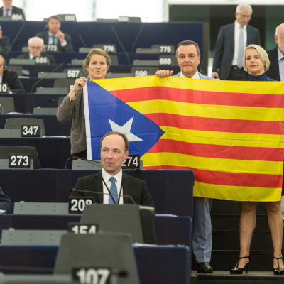 Kansallismielisten ryhmien europarlamentaarikot osoittivat mieltään Katalonian puolesta Euroopan parlamentissa.