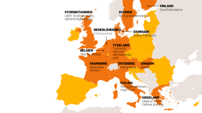 Karta över Europa med de EU-kritiska partierna