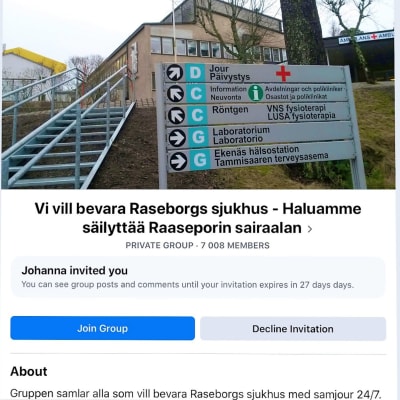 Skärmdump 4.3.2020 av en stödgrupp på Facebook på Raseborgs sjukhus. Man ser texten "Vi vill bevara Raseborgs sjukhus" och samma på finska samt en bild av sjukhuset och medlemssiffran 7 008.